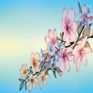 May include: A digital illustration of a flowering branch featuring clusters of soft pink, pale yellow, and light blue blossoms with green leaves, set against a smooth gradient background that transitions from light blue to a pale yellow hue.
