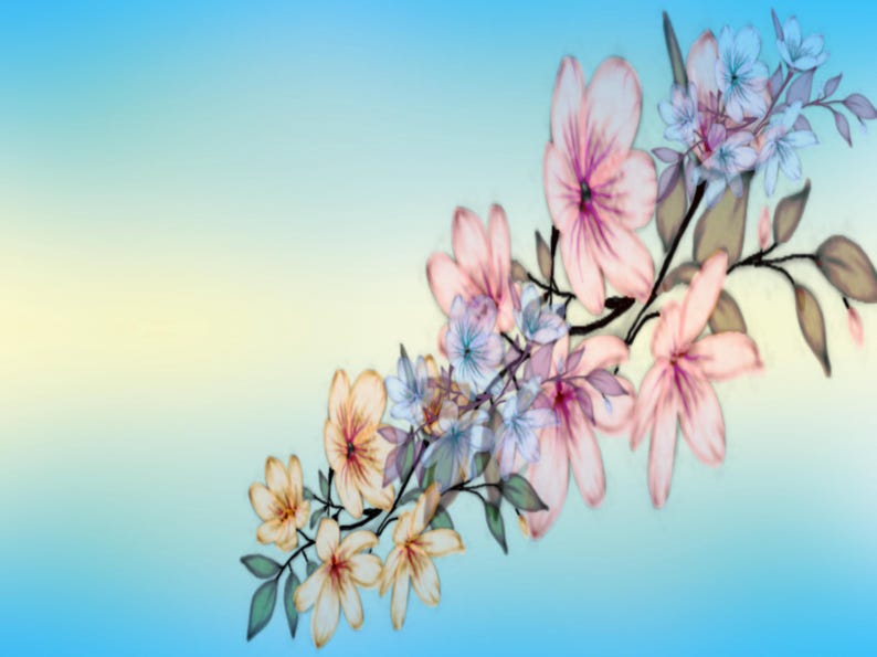 May include: A digital illustration of a flowering branch featuring clusters of soft pink, pale yellow, and light blue blossoms with green leaves, set against a smooth gradient background that transitions from light blue to a pale yellow hue.