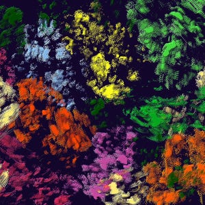 May include: An abstract digital artwork featuring a dark navy background with scattered, textured clusters of vibrant colours including bright orange, lime green, deep purple, sunny yellow, and pale blue, creating a dense, layered visual effect.