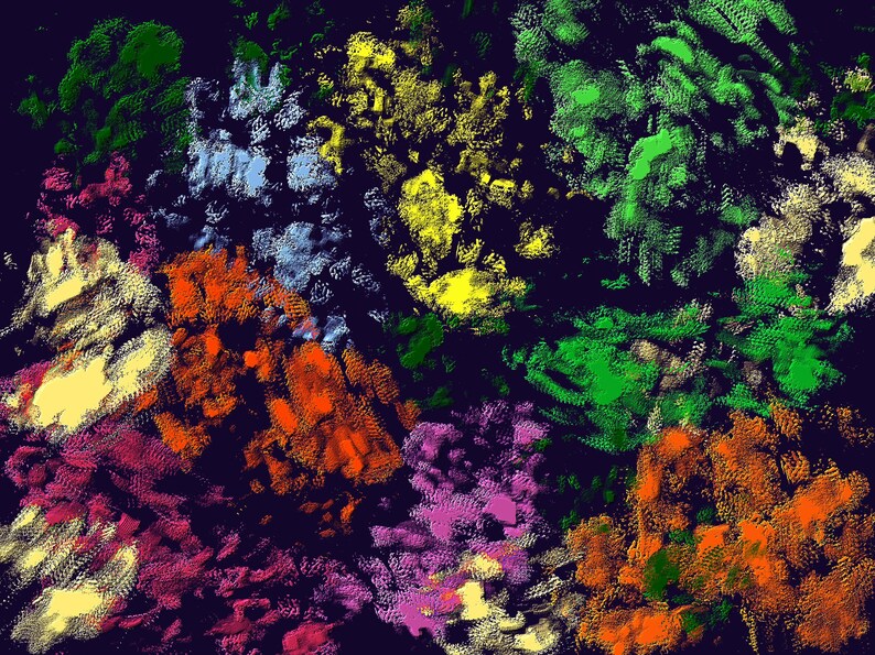 May include: An abstract digital artwork featuring a dark navy background with scattered, textured clusters of vibrant colours including bright orange, lime green, deep purple, sunny yellow, and pale blue, creating a dense, layered visual effect.