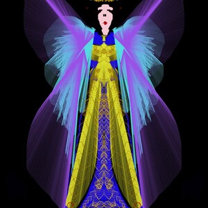 May include: A digital illustration of a figure wearing a long, floor-length gown in shades of blue and yellow with intricate line patterns. The figure has large, translucent purple and blue wings, a gold crown, and a pale face with red lips.