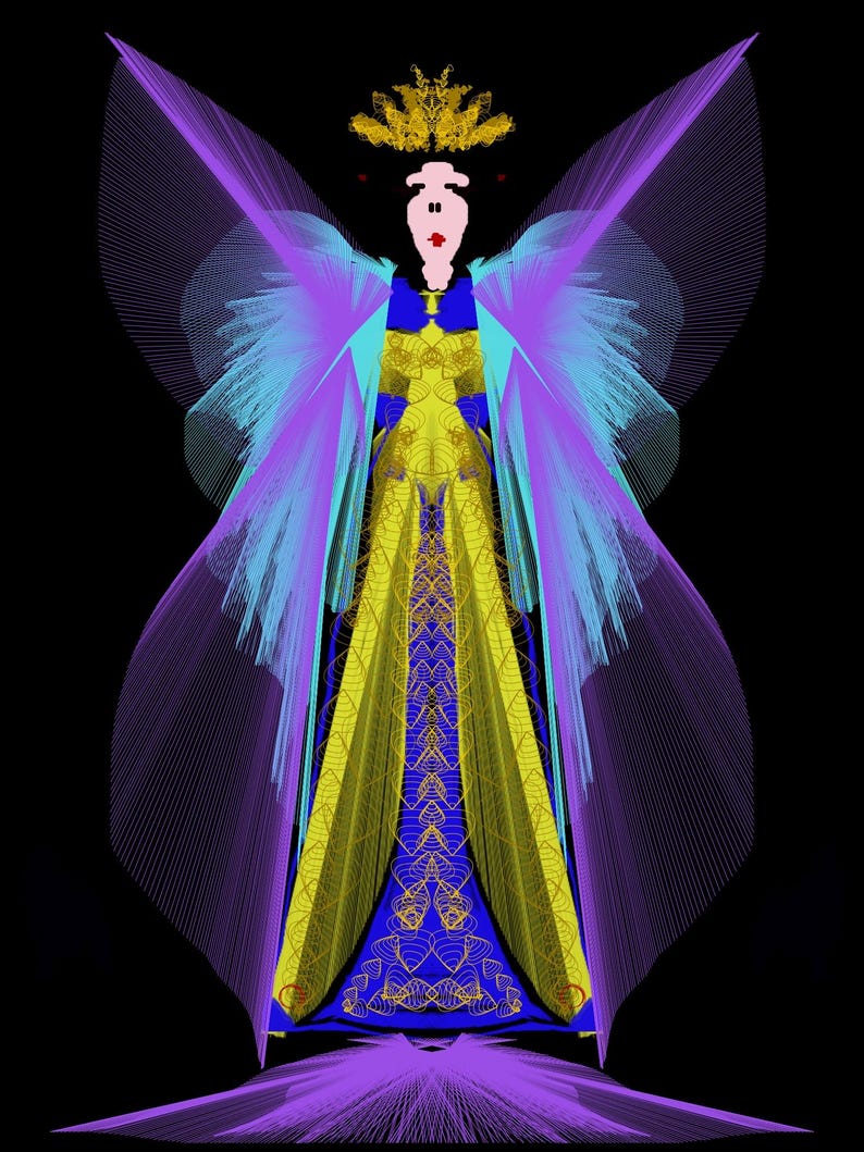 May include: A digital illustration of a figure wearing a long, floor-length gown in shades of blue and yellow with intricate line patterns. The figure has large, translucent purple and blue wings, a gold crown, and a pale face with red lips.