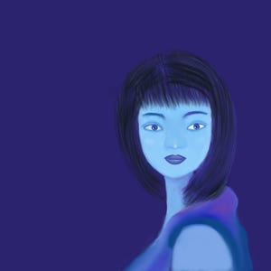 May include: A digital illustration of a person with dark hair and bangs, rendered in shades of blue. The subject has a neutral expression, light blue skin, and is wearing a garment with a purple-toned shoulder area against a solid dark blue background.