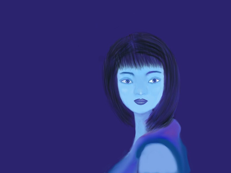 May include: A digital illustration of a person with dark hair and bangs, rendered in shades of blue. The subject has a neutral expression, light blue skin, and is wearing a garment with a purple-toned shoulder area against a solid dark blue background.