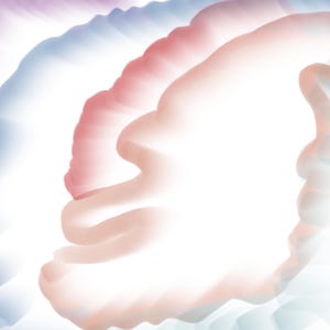 Könnte beinhalten: Eine abstrakte digitale Komposition mit weichen, verschwommenen und überlappenden wellenartigen Formen in Schattierungen von blassem Rot, Hellblau und sanftem Violett. Der zentrale Bereich wird von einer hellen weißen Fläche dominiert.