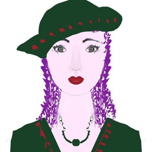 May include: A digital illustration of a person with purple hair wearing a dark green hat with red accents and a matching dark green top with red trim. The person has red lips and wears a dark green necklace with a central circular pendant.
