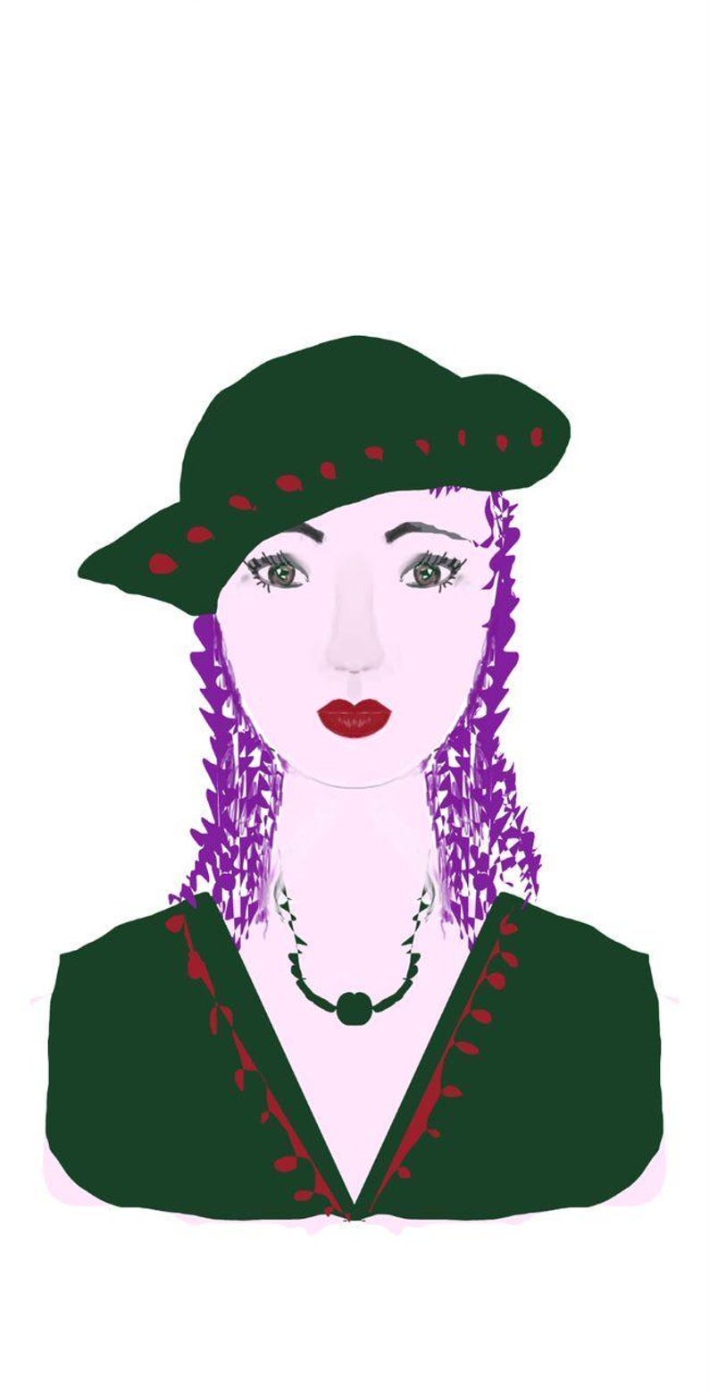 May include: A digital illustration of a person with purple hair wearing a dark green hat with red accents and a matching dark green top with red trim. The person has red lips and wears a dark green necklace with a central circular pendant.