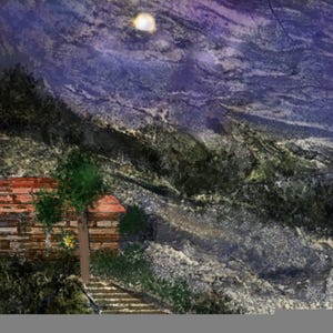 May include: A digital landscape painting featuring a small wooden cabin with a red roof nestled at the base of a dark, textured mountain range under a purple night sky with a bright moon. A stone staircase leads toward the cabin entrance.