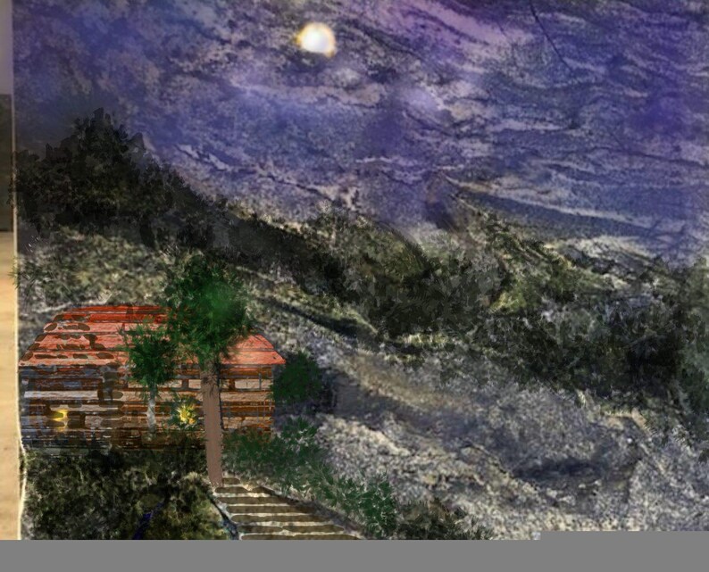 May include: A digital landscape painting featuring a small wooden cabin with a red roof nestled at the base of a dark, textured mountain range under a purple night sky with a bright moon. A stone staircase leads toward the cabin entrance.