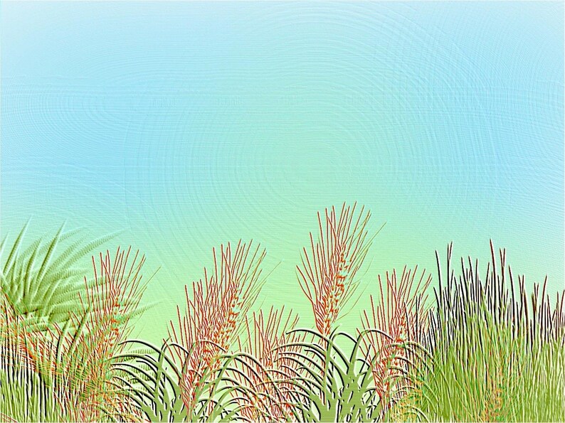 May include: A digital illustration of tall, slender grasses with reddish-brown plumes and vibrant green blades. The plants are arranged in a dense cluster against a smooth, light blue and pale green gradient background with a subtle circular texture.