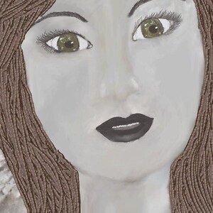 May include: A digital illustration of a face with brown hair, green eyes, and dark lips. The figure wears a blue and white striped garment with a visible seam down the centre. The hair is rendered with textured, linear strokes throughout the style.