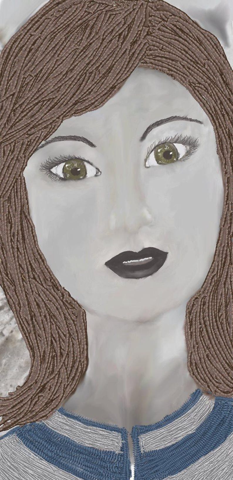 May include: A digital illustration of a face with brown hair, green eyes, and dark lips. The figure wears a blue and white striped garment with a visible seam down the centre. The hair is rendered with textured, linear strokes throughout the style.