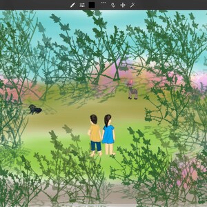 May include: A digital illustration featuring two figures standing in a clearing surrounded by green foliage. One figure wears a yellow shirt and blue shorts, while the other wears a blue dress. A small black dog and a deer are visible in the distance.