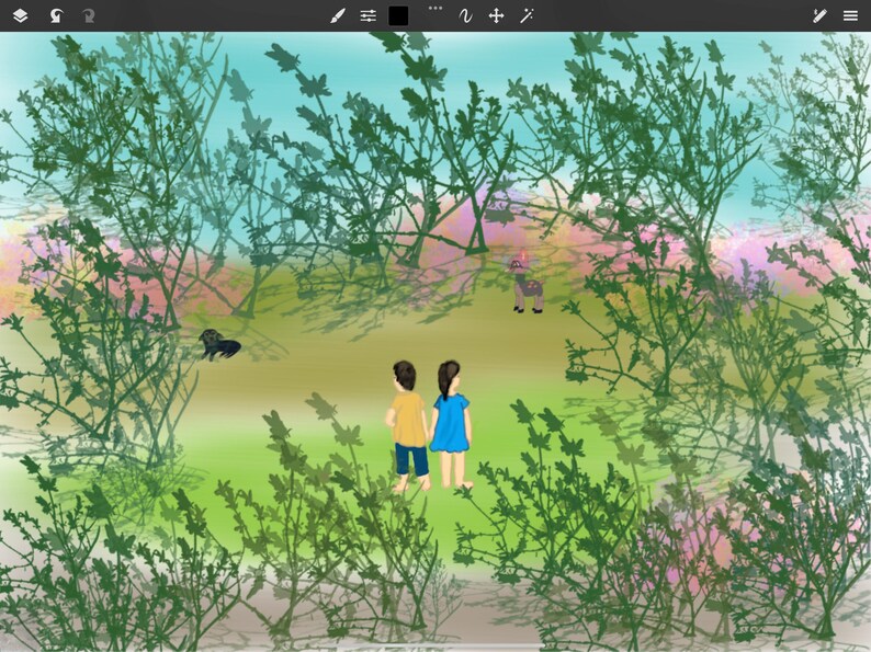 May include: A digital illustration featuring two figures standing in a clearing surrounded by green foliage. One figure wears a yellow shirt and blue shorts, while the other wears a blue dress. A small black dog and a deer are visible in the distance.