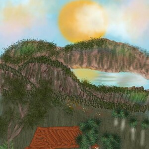 May include: A digital illustration of a small cabin with a brown roof nestled in a landscape featuring green hills, a body of water, and a large yellow sun in a light blue sky. A tree stands in the foreground near a path and colourful flowers.