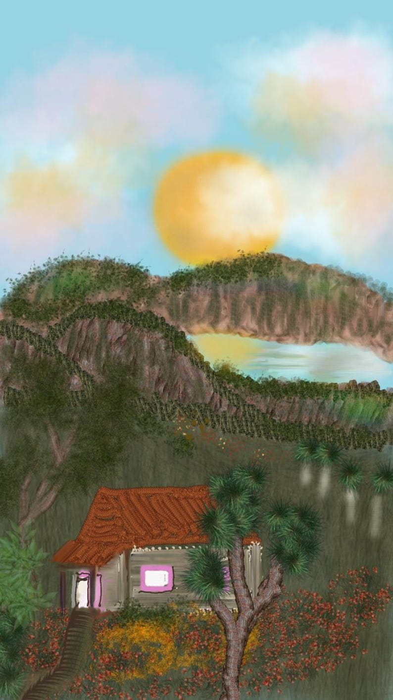 May include: A digital illustration of a small cabin with a brown roof nestled in a landscape featuring green hills, a body of water, and a large yellow sun in a light blue sky. A tree stands in the foreground near a path and colourful flowers.