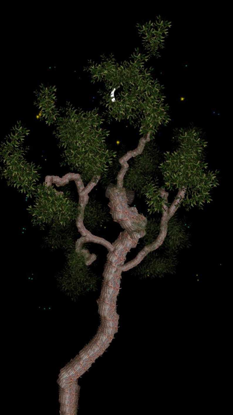 May include: A gnarled, textured brown tree trunk with sprawling branches covered in dense, dark green foliage against a solid black background. A small, white crescent moon shape is visible nestled within the upper branches of the tree.