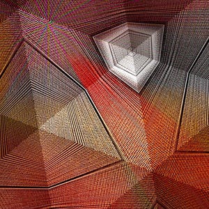 May include: A digital abstract pattern featuring a series of interconnected geometric pyramid shapes. The composition displays a gradient of colours ranging from deep red and burnt orange to muted gold, grey, and white, with fine, dense line textures.