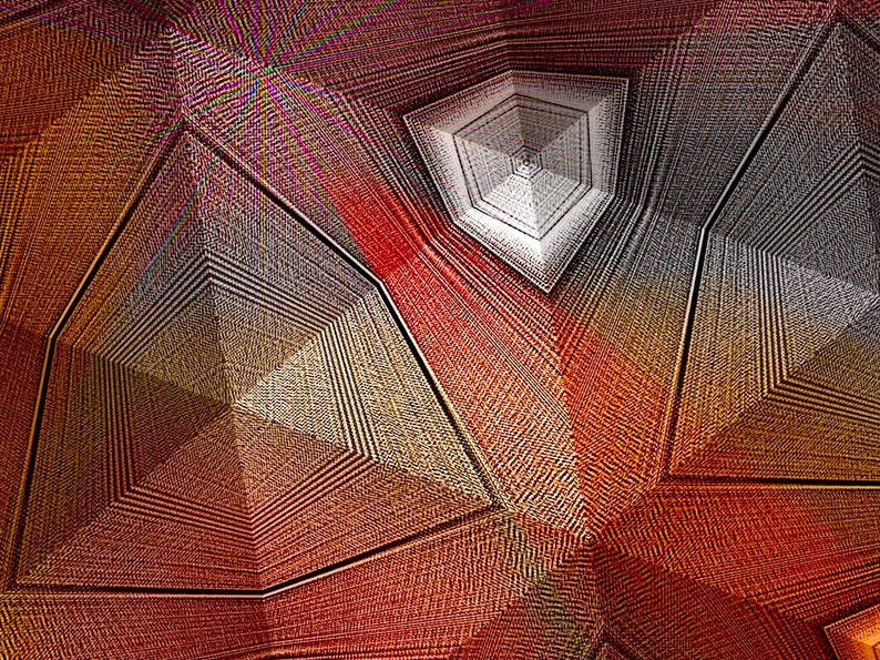 May include: A digital abstract pattern featuring a series of interconnected geometric pyramid shapes. The composition displays a gradient of colours ranging from deep red and burnt orange to muted gold, grey, and white, with fine, dense line textures.
