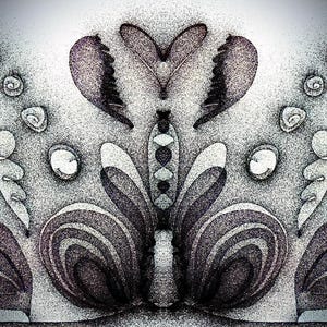 May include: A symmetrical digital illustration featuring dark purple and black stippled textures. The design includes a central heart shape, layered curved petal-like forms, and scattered spiral elements arranged in a balanced, mirrored composition.