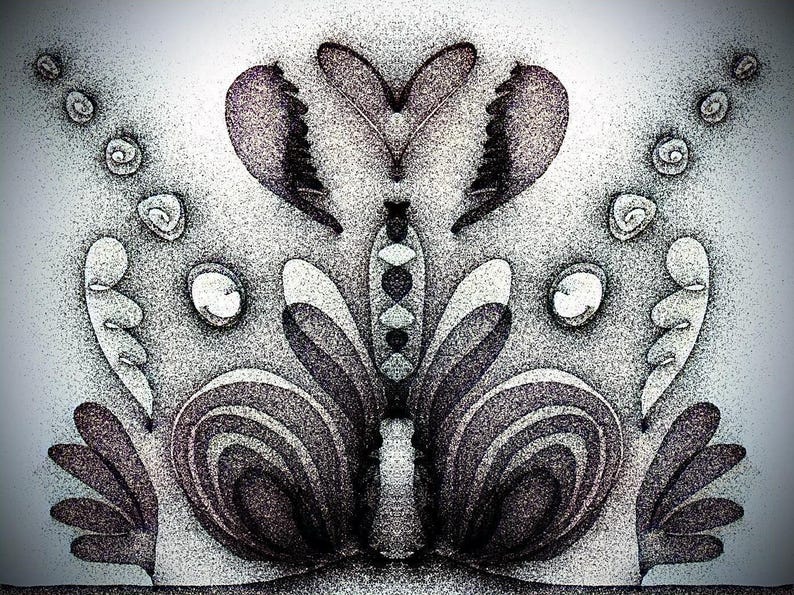 May include: A symmetrical digital illustration featuring dark purple and black stippled textures. The design includes a central heart shape, layered curved petal-like forms, and scattered spiral elements arranged in a balanced, mirrored composition.