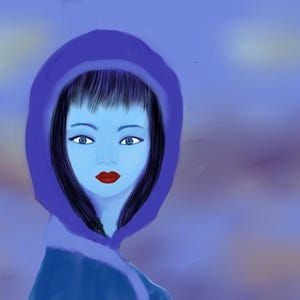 May include: A digital illustration of a person with blue skin wearing a dark blue hooded garment. The person has dark hair with bangs, blue eyes, and bright red lips. The background is a soft, blurred gradient of blue and purple tones.