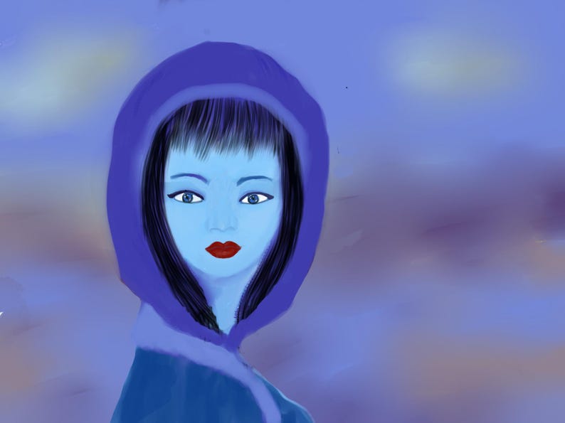 May include: A digital illustration of a person with blue skin wearing a dark blue hooded garment. The person has dark hair with bangs, blue eyes, and bright red lips. The background is a soft, blurred gradient of blue and purple tones.