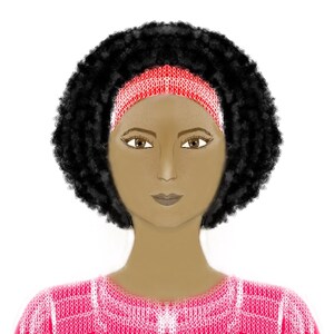 May include: A digital illustration of a person with dark skin and voluminous black curly hair, wearing a bright red headband and a matching red textured top. The figure has brown eyes, defined eyebrows, and neutral-toned lips, presented against a plain white background.
