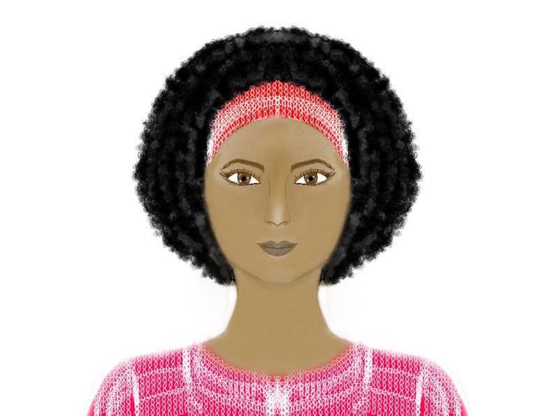 May include: A digital illustration of a person with dark skin and voluminous black curly hair, wearing a bright red headband and a matching red textured top. The figure has brown eyes, defined eyebrows, and neutral-toned lips, presented against a plain white background.