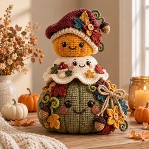 Puede incluir: Un peluche de ganchillo apilado con tres personajes sonrientes: una calabaza naranja superior con un sombrero de seta granate, una figura blanca central con una seta pequeña y una calabaza verde grande decorada con hojas de otoño.