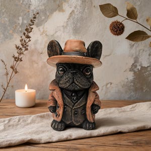 Peut inclure: Une figurine de bouledogue français de couleur sombre portant un chapeau fedora beige et un trench-coat beige assorti sur un costume noir. Le chien a de grands yeux expressifs et un pelage texturé, debout dans une tenue de détective.