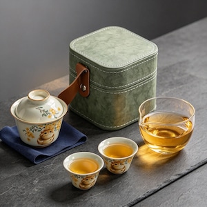 Söt katt-reset, bärbar Gaiwan keramisk tekanna med 2 koppar och läderfodral, handmålad Gaiwan-teset, estetisk japansk tegåva