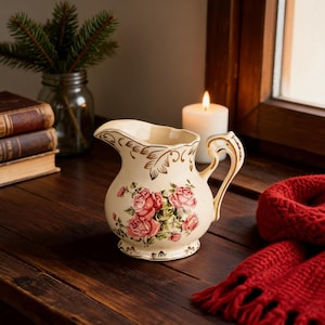Può includere: Una brocca in ceramica color crema caratterizzata da un delicato motivo floreale con rose rosa e finiture dorate lungo il bordo, il manico e la base. La brocca presenta un manico curvo e un beccuccio smerlato dal design classico.