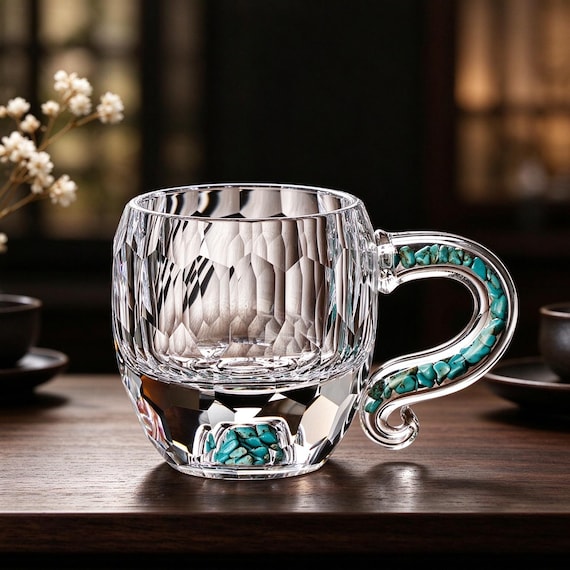 Turquoise Glass Tea Cup Handcrafted Crystal Espresso Cup 2 oz, Small Gongfu Master Teacup, Aesthetic Boho Sake Cup Gift 