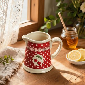Può includere: Una lattiera in ceramica con uno sfondo rosso vivace a pois bianchi, un bordo decorativo in pizzo bianco vicino all'apertura e un emblema smerlato centrale che mostra due ciliegie rosse con foglie verdi sul davanti.
