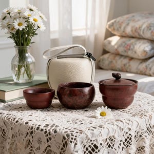 Peut inclure: Un ensemble de trois bols en bois brun rougeâtre foncé, dont un avec couvercle, disposés à côté d'une mallette texturée de couleur crème. Un vase en verre transparent rempli de marguerites blanches est posé à proximité, avec une fleur isolée.