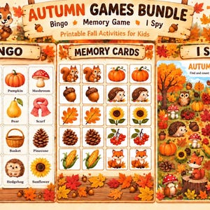 May include: An Autumn Games Bundle featuring printable fall activities for kids, including Bingo, Memory Cards, and I Spy. The design displays cartoon animals like squirrels, foxes, owls, and hedgehogs alongside seasonal items like pumpkins, leaves, and acorns.