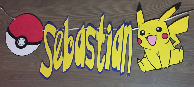 May include: A yellow and blue banner with the name "Sebastian" in bold, yellow letters. A red and white Pokeball is on the left and a yellow cartoon Pikachu is on the right.