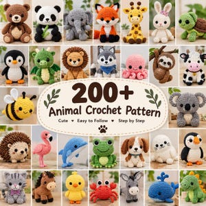 May include: A collection of various crocheted animal figures including a bear, panda, elephant, fox, giraffe, rabbit, turtle, penguin, dragon, lion, wolf, octopus, sloth, cow, bee, koala, hedgehog, flamingo, dolphin, frog, dog, seal, cat, horse, chick, crab, donkey, and whale, with text reading 200+ Animal Crochet Pattern.