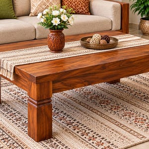 Puede incluir: Una mesa de centro rectangular de madera con patas gruesas y un acabado marrón intenso. La mesa está cubierta con un camino de mesa tejido de color crema con flecos, un jarrón marrón tallado con flores blancas y un cuenco de metal poco profundo.