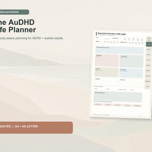May include: A digital planner page titled The AuDHD Life Planner, Australian Edition, featuring sections for executive function, daily tasks, and sensory load. The layout includes labeled boxes for planning, undated fields, and A4 plus US Letter sizing.