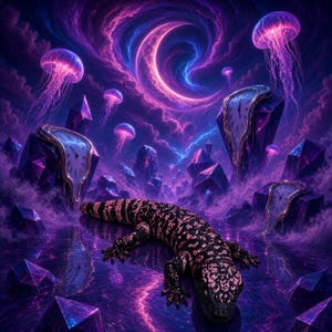 May include: A Gila monster with black and pink patterned skin rests on a reflective purple surface. The scene features melting clocks draped over dark geometric crystals, glowing pink jellyfish, and a swirling purple nebula in the night sky.