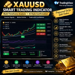 May include: A digital display showing the XAUUSD Smart Trading Indicator for TradingView. The screen features a candlestick chart with EMA lines, RSI, and MACD indicators, alongside a list of features including multi-timeframe analysis.
