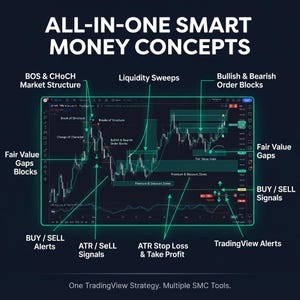 Pode incluir: Uma infografia digital intitulada ALL-IN-ONE SMART MONEY CONCEPTS exibindo um gráfico de negociação financeira em um fundo escuro. Apresenta rótulos anotados para BOS & CHoCH Market Structure, Liquidity Sweeps, Bullish & Bearish Order Blocks, Fair Value Gaps, BUY/SELL Signals, ATR/SeLL Signals, ATR Stop Loss & Take Profit e TradingView Alerts.