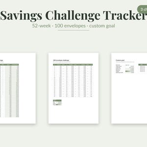 Puede incluir: Un documento de seguimiento de ahorros Savings Challenge Tracker con tres hojas de planificación financiera: un reto de 52 semanas, un reto de 100 sobres y un rastreador de objetivos personalizados, con encabezados verde oscuro sobre fondo blanco.