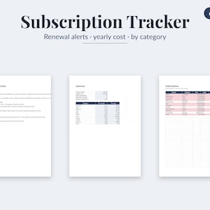 Puede incluir: Una plantilla digital de seguimiento de suscripciones con tres páginas blancas y texto azul oscuro. El encabezado dice Subscription Tracker, Renewal alerts, yearly cost, by category. Las páginas muestran instrucciones, una tabla de resumen y una lista detallada de suscripciones con columnas para servicio, categoría, costo y fecha de renovación.