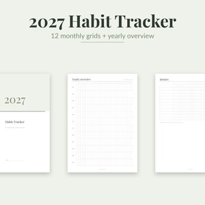 Puede incluir: Un planificador de seguimiento de hábitos 2027 con una página de portada, una cuadrícula de resumen anual y una cuadrícula mensual para enero. El diseño presenta texto verde oscuro sobre fondo verde claro y blanco, incluyendo 2027 Habit Tracker, 12 monthly grids + yearly overview, Yearly overview y January.