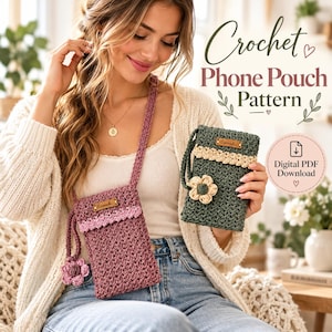 Puede incluir: Un patrón de ganchillo para funda de móvil en descarga digital PDF con dos fundas hechas a mano. Una es una funda bandolera de color rosa empolvado con un colgante de flor, y la otra es verde oscuro con un borde crema y una flor a juego.