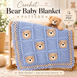Pode incluir: Um padrão de manta de bebé em croché com motivos quadrados azul-claros, caras de urso bege, uma borda festonada bege e o texto Crochet Bear Baby Blanket Pattern, Digital PDF Download, Baby Blanket Step-by-Step Pattern.