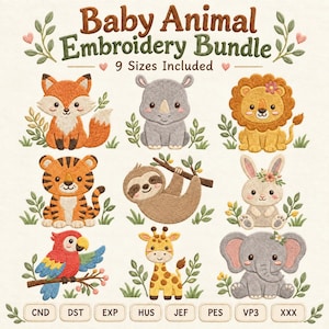 以下が含まれることがあります： Baby Animal Embroidery Bundleというタイトルのデジタル刺繍デザインセットで、9つのサイズが含まれています。キツネ、サイ、ライオン、トラ、ナマケモノ、ウサギ、オウム、キリン、ゾウの9種類の刺繍された動物の赤ちゃんが描かれており、下部にはファイル形式が記載されています。